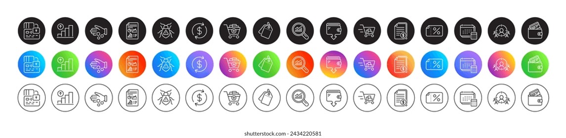 Business targeting, Card and Report document line icons. Round icon gradient buttons. Pack of Debit card, Discount banner, Shopping cart icon. Vector