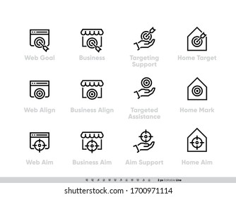 Business Targeting Focus And Perspective Icon Set. Web Goal, Support, Business Align, Targeted Assistance, Aim Support. Editable Line Stroke Pictogram On White Background.