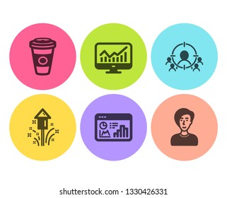 Business targeting, Seo statistics and Statistics icons simple set. Takeaway coffee, Fireworks and Businesswoman person signs. People and target aim, Analytics chart. Business set. Vector