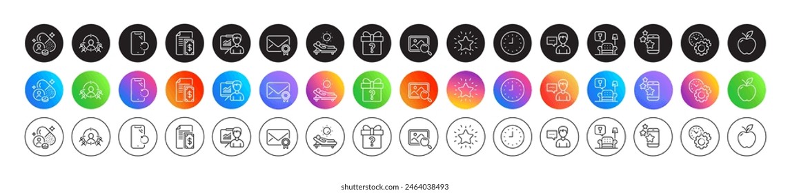 Business targeting, Smartphone recovery and Apple line icons. Round icon gradient buttons. Pack of Clock, Person talk, Rank star icon. Payment, Verified mail, Secret gift pictogram. Vector