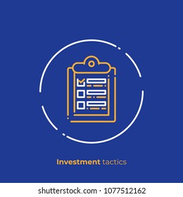 Business targets checklist line art icon, digital investment schedule vector art, outline financial to do list illustration