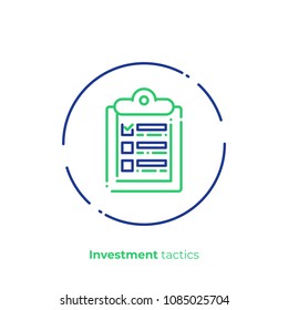 Business targets checklist line art icon, digital investment schedule vector art, outline financial to do list illustration