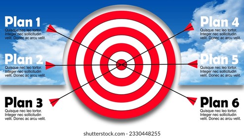 Business targets focus on strategic objectives. Vector illustration of an arrow hitting the target. success in planning towards the Goal