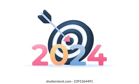 business targets and objectives in 2024. right on target and objective. number 2024 with arrows and dart board. happy new year 2024. new year graphic element. Minimalist 3D illustration concept design