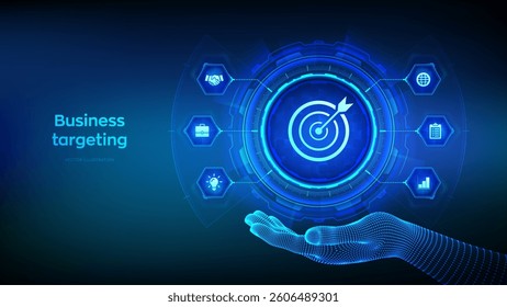 Business targetting icon in wireframe hand. Planning development leadership. Customer Relation Management and customer target group technology concept on virutal screen. Vector illustration.