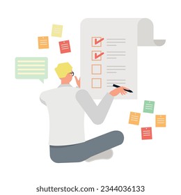 Business task illustration concept. Office man character vector design. Business people working in office planning, thinking and economic analysis on isolated white background.