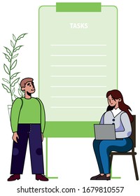 Business Task List Compilation Coaching. Man Stand near Woman Sitting with Laptop. Cartoon Student and Teacher Characters. Action Plan, Startup Project Scheme Setting Courses. Vector Flat Illustration