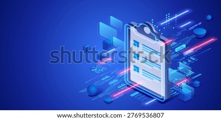 Business task management concept with digital checklist and productivity interface. Futuristic isometric neon illustration workflow organization, project planning and professional work control.