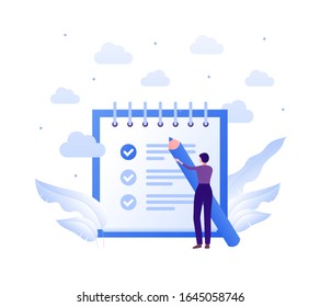 Business task management concept. Vector flat people illustration. Woman holding big blue pen. To-do list and check mark sign. Design element for banner, poster, background.