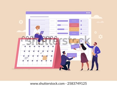 Business Task Management Concept. Vector cartoon illustration of a group of diverse people creating a task plan in a spreadsheet and a calendar. Isolated on background.