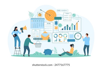 Business task management and organization, goal planning. Tiny people manage digital calendar, data report and chart, plan strategy of company development and growth cartoon vector illustration