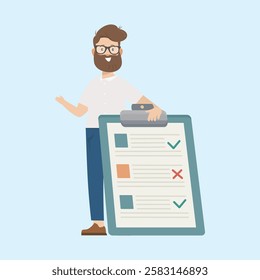 Business task management and productivity concept, strategic planning, corporate checklist, project management. Vector flat illustration style.