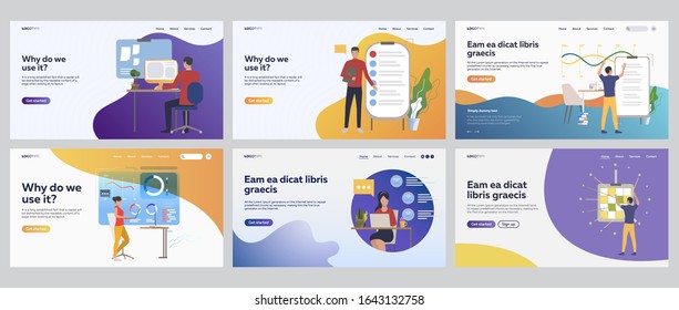 Business task planning set. Office employee analyzing report, chart, note board. Flat vector illustrations. Workplace, strategy concept for banner, website design or landing web page