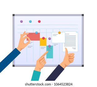 Business task planning, teamwork and solutions, multitasking, business planning, time and work control, project management, assignment of tasks among employees. Scrum methodology task board vector