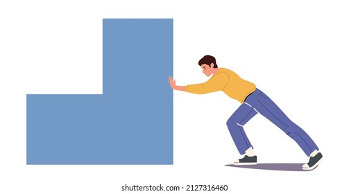 Business Task Solution and Achievement Concept.. Male Character Pushing Huge Geometric Figure Shape Isolated on White Background. Effort, Hardworking, Challenge. Cartoon People Vector Illustration