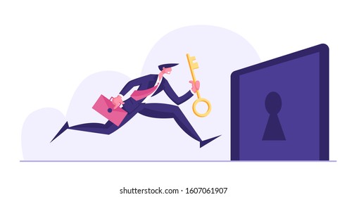 Business Task Solution Concept. Businessman Character Holding Briefcase Carry Huge Heavy Golden Key to Unlock Keyhole. Competition Challenge Leadership Career Growth. Cartoon Flat Vector Illustration