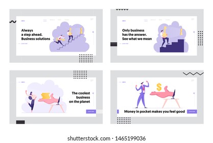 Business Task Solution, People Earning Online Website Landing Page Set, Business Men Carry Huge Key Upstairs to Unlock Keyhole, Hand Give Money, Web Page. Cartoon Flat Vector Illustration, Banner