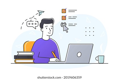 Business tasks concept. Man sitting at laptop and notes completed tasks in electronic list. Personal productivity and time management. Cartoon doodle flat vector illustration on white background