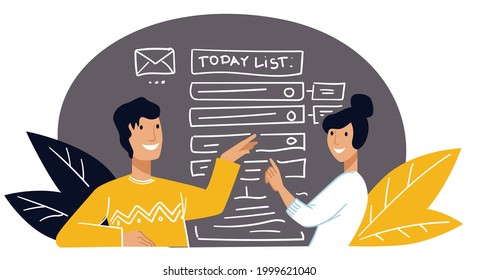 Business tasks and deadlines, planning list of projects to do. Man and woman brainstorming on steps and action to take, conference with male and female colleagues from office. Vector in flat style