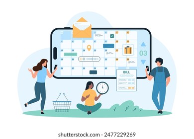 Business tasks management in calendar mobile app. Tiny people work with online planner on phone screen, office employees plan schedule of deadline, event and meeting cartoon vector illustration