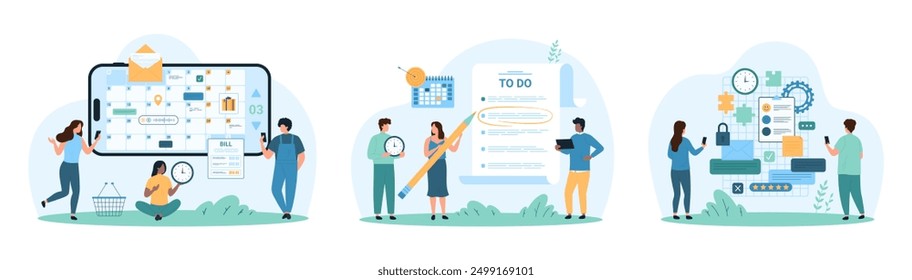 Business tasks management and planning set. Tiny people work with online planner on phone screen, add meeting, emails and messages to task board, highlight to do list item cartoon vector illustration