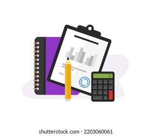 Business And Tax Audit Icon Design. Documents With Pencil, Calculator And Notebook Illustration. Finance Report And Tax Calculating Vector Design. Accounting And Financial Management