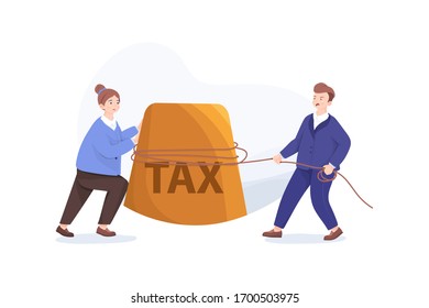 Business Taxation Concept. Businesspeople Pull and Push Huge Weight with Tax Inscription.