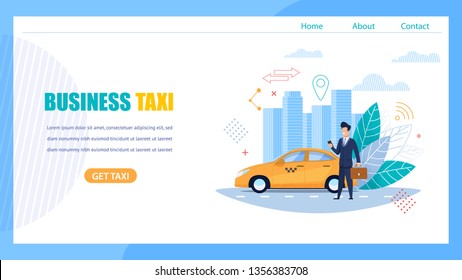 Landing Page von Business Taxi. Mann mit Gehäuse und Smartphone Wartet für Auto-Order auf der Straße. Yellow Business man Class Cab in Location. Moderne City Urban Skyline. Modernes, horizontales Banner.