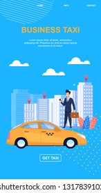 Business Taxi Vector Illustration Blue Background. Office Worker Ordered City Yellow Taxi Business Center. Business Center Metropolis. Man Suit with Phone Hand. Professional Driver.