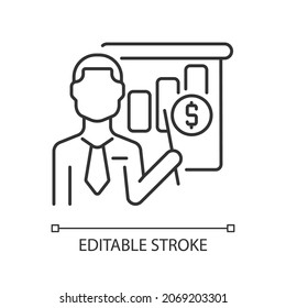 Business teacher linear icon. Administration and management educator. Business trainer. Thin line customizable illustration. Contour symbol. Vector isolated outline drawing. Editable stroke