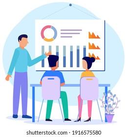 The business teacher stands at the point of the chart chart. Character of people Looking for information, ideas, consulting, education, business and lifestyle. Modern vector illustration.