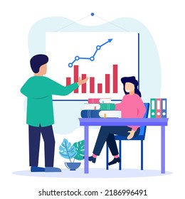 The business teacher stands at the point of the chart chart. Character of people Looking for information, ideas, consulting, education, business and lifestyle. Modern vector illustration.
