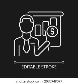 Business teacher white linear icon for dark theme. Administration educator. Business trainer. Thin line customizable illustration. Isolated vector contour symbol for night mode. Editable stroke