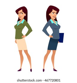 business, teacher, young women in elegant office clothes, cartoon characters, vector illustration
