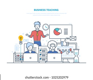 Business teaching. Professional business trainings, seminars, motivation for business audience, advanced education, theoretical knowledge, practical skills, consulting. Illustration thin line design.