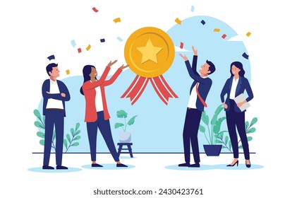 Business team achievement - Group of cheerful businesspeople celebrating award medal with confetti and smiling. Teamwork winners concept in flat design vector illustration with white background