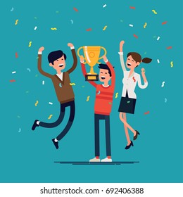 Business Team Achievements. Cool Vector Concept On Prize Winning With Casually Clothed Group Of People, Golden Cup And Confetti. Group Of People Jumping And Cheering Happily Holding Trophy