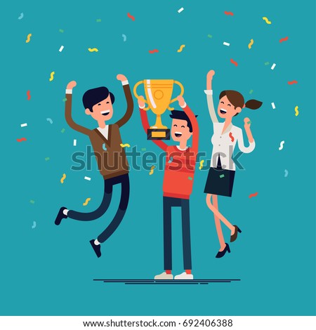 Business team achievements. Cool vector concept on prize winning with casually clothed group of people, golden cup and confetti. Group of people jumping and cheering happily holding trophy