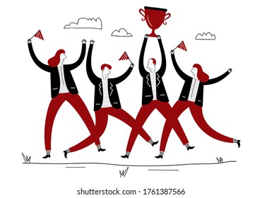 Business team achievements. Manager with winning trophy cup and jumping employees. Group of people jumping and cheering happily holding trophy. Success business team vector flat concept