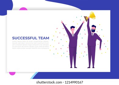 Business team achievements, Team victory, Win concept with characters. People holds a cup and celebrates success.