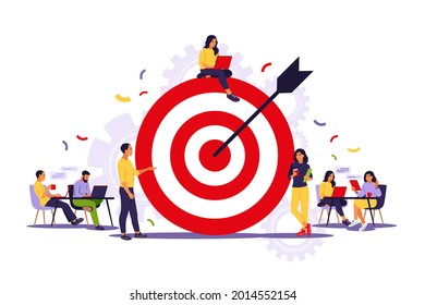 Business team achieving goal. Marketing strategy concept. People near huge target with arrow. Vector illustration. Isolated flat.