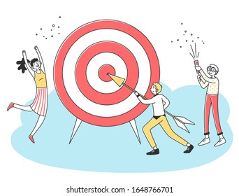 Business team achieving goal. People driving arrow to target, celebrating success. Vector illustration challenge, aim, achievement, focus, purpose, teamwork for concept