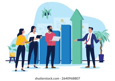 Business team achieving success and growth, analyzing market data, and presenting positive results with a large green arrow and bar charts. Flat design vector illustration on white background