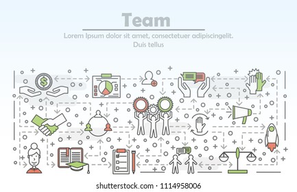 Business team advertising poster banner template. Vector thin line art flat style design icons for website banners and printed materials.