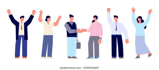 Business team agreement concept. Businessman handshake, signing project customer. Partners hold hand, partnership meeting utter vector characters