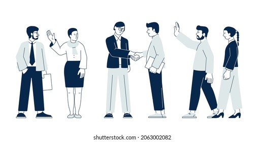 Business team agreement concept. Professional discussing, cooperative work. Teamwork, partnership company. Handshake in recent vector scene