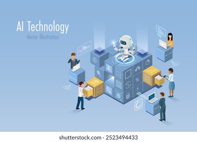 Equipe de negócios com robô de IA pesquisar dados em tecnologia de cadeia de blocos. Inteligência artificial com sistema de pesquisa e segurança, motor de busca inteligente. Implementação de pesquisa robótica em negócios globais.