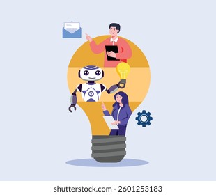 Business team and ai robot work together inside lightbulb concept suggesting teamwork, innovation, automation Use for business technology presentations and related designs