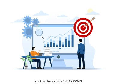 business team analysis and monitoring concept on web report dashboard monitor. data analysis research flat vector illustration design for business financial planning concept, flat vector illustration.