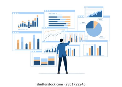 business team analysis and monitoring concept on web report dashboard monitor. data analysis research flat vector illustration design for business financial planning concept, flat vector illustration.